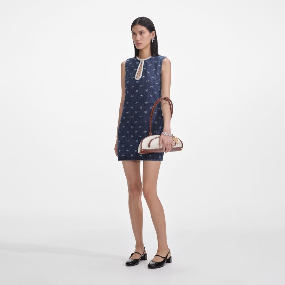 NWOT Self-Portrait DENIM DIAMANTE BOW MINI DRESS - Picture 2 of 16